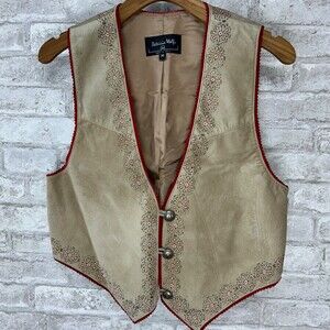 Patricia Wolf Suede Leather Vest Tan Red Hand Painted w/ Conchos Native Western